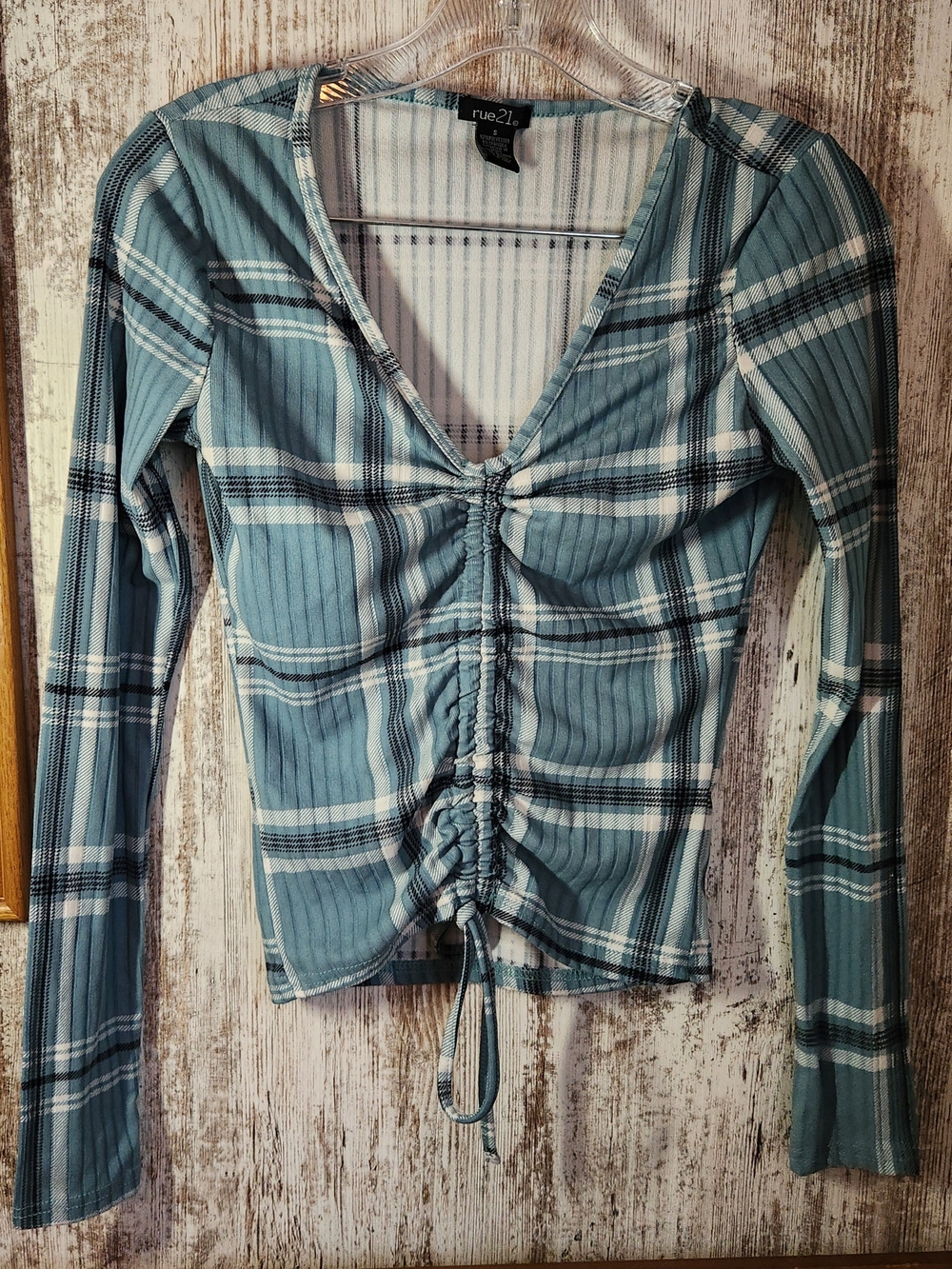 rue21 Teal Navy Cream Blue Plaid Ruched Front Long Sleeve Ribbed Fall Vibes